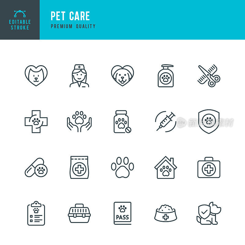 PET CARE -细线矢量图标设置。可编辑的中风。像素完美。套装包含宠物，狗，猫，医生，兽医，美容，宠物食品等图标。